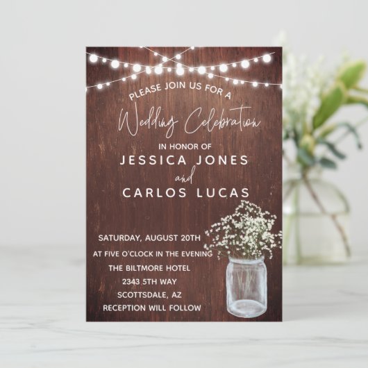 ウッドジプソフィラベビーズブレスメイソンジャイルライト 招待状 (スタンド正面)