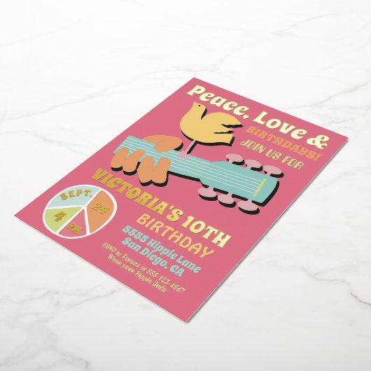 ウッドストックヒッピー誕生日パーティー 箔招待状 (回転した状態)