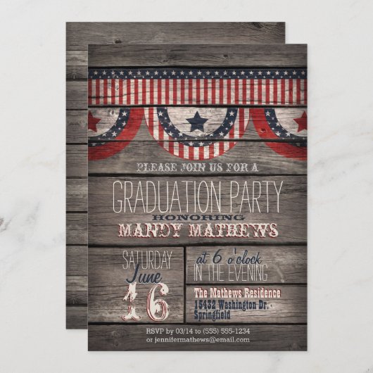 ウッドストライプ卒業パ素朴ーティーの星と 招待状 (正面/裏面)