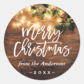ウッドストリングライツメリー素朴クリスマスホリデー ラウンドシール (正面)