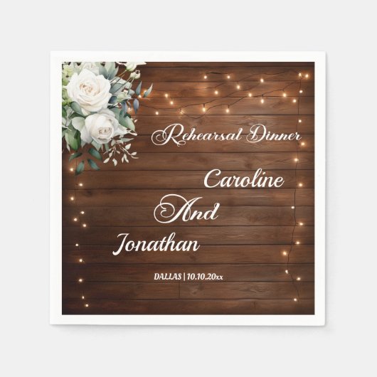 ウッドストリングライトフローラリハーサルディナ結婚ーズ スタンダードカクテルナプキン (正面)