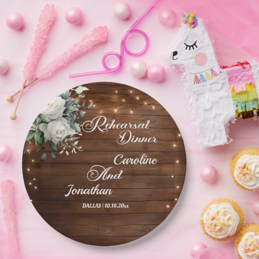 ウッドストリングライトフローラリハーサルディナ結婚ーズ ペーパープレート (パーティー)