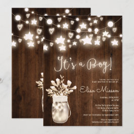 ウッドストリングライト素朴メイスン男の子のシャワー 招待状