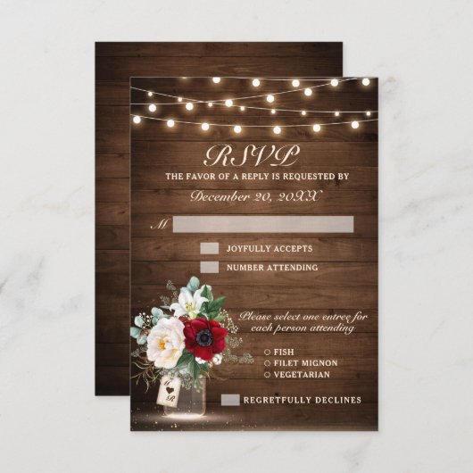 ウッドストリ素朴ングライトバーガンディフローラズ結婚 出欠カード (正面/裏面)