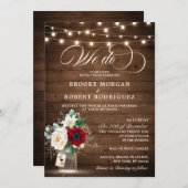 ウッドストリ素朴ングライトバーガンディフローラズ結婚 招待状 (正面/裏面)