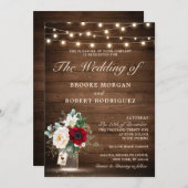 ウッドストリ素朴ングライトバーガンディフローラズ結婚 招待状 (正面/裏面)