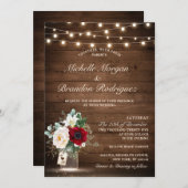 ウッドストリ素朴ングライトバーガンディフローラズ結婚 招待状 (正面/裏面)