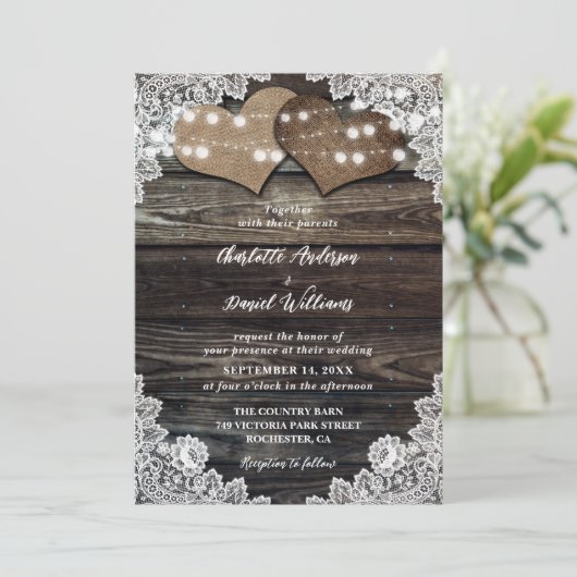 ウッドストリ素朴ングライトバーラップハートズ結婚 招待状 (スタンド正面)