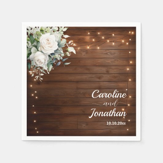 ウッドストリ素朴ングライトホワイトローズ結婚ズ スタンダードカクテルナプキン (正面)