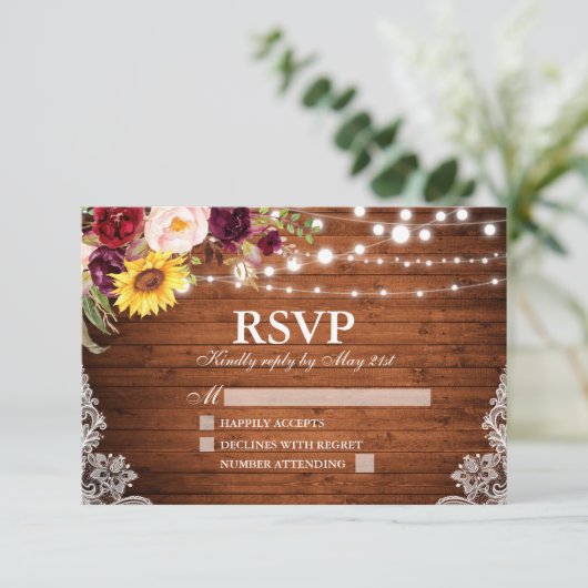 ウッドストリ素朴ングライトレースフローラの結婚数 出欠カード (スタンド正面)