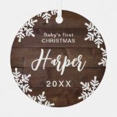 ウッドスノーフレークベビーの初めてのクリスマススクリプト名 メタルオーナメント (正面)