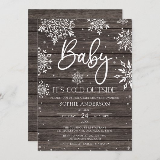 ウッドスノーフレークベビーベビーシャワー外は寒い 招待状 (正面/裏面)