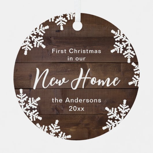 ウッドスノーフレーク初めてのクリスマスズインザニューホーム メタルオーナメント (正面)