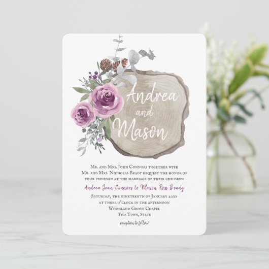 ウッドスライスとバラパープルとシルバー結婚ズ 招待状 (スタンド正面)