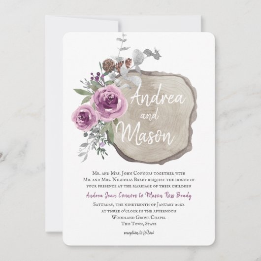 ウッドスライスとバラパープルとシルバー結婚ズ 招待状 (正面)