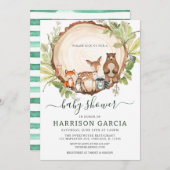 ウッドスライスツリーウッドランド動物ベビーシャワー 招待状 (正面/裏面)