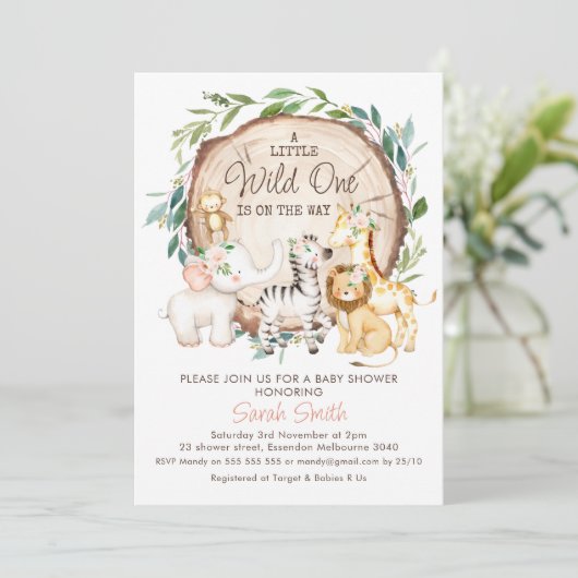 ウッドスライスフローラ葉サファリ赤ちゃんシャワー 招待状 (スタンド正面)
