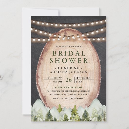 ウッドスライスマウンテンフォレストフォトブライダルシャワー 招待状 (正面)