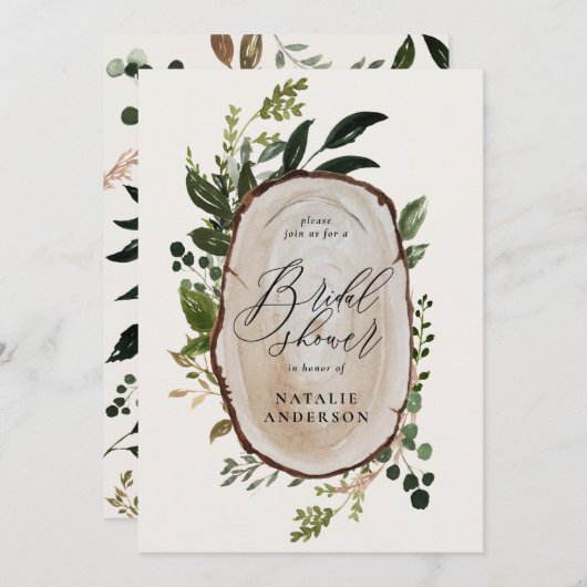 ウッドスライス素朴のブライダルシャワー招待 セーブザデート (正面/裏面)