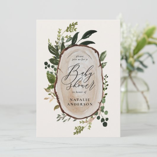 ウッドスライス素朴の赤ちゃんシャワーの招待状 セーブザデート (スタンド正面)