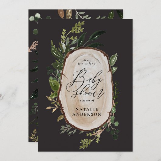 ウッドスライス素朴の赤ちゃんシャワーの招待状 セーブザデート (正面/裏面)