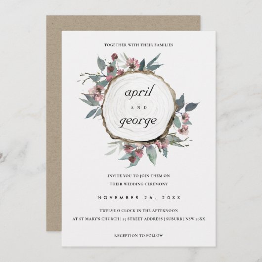 ウッドスライス素朴ピンクのフローラ結婚式の招待 サンキューカード (正面/裏面)