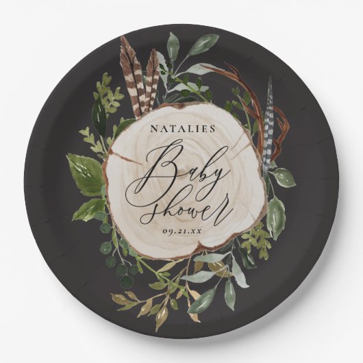 ウッドスライス素朴ベビーシャワーパーティー紙プレート ペーパープレート (正面)