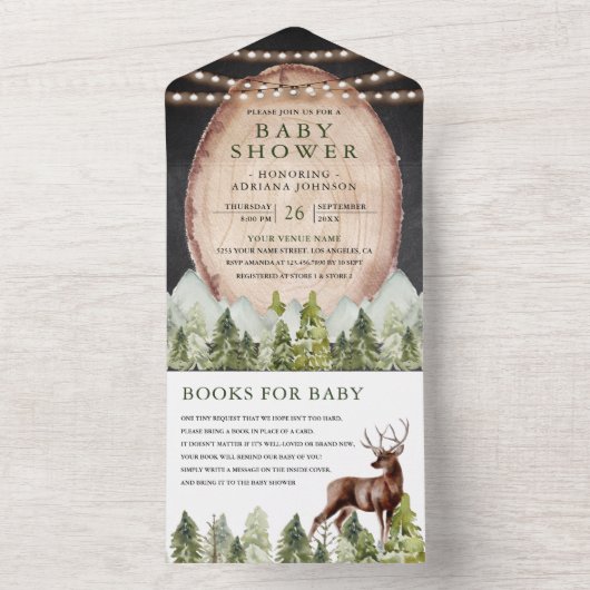 ウッドスライス素朴マウンテンフォレストディアベビーシャワー オールインワン招待状 (内側)