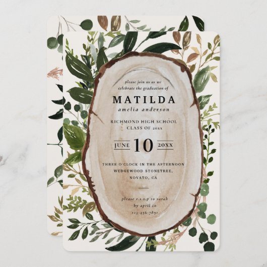 ウッドスライス素朴卒業パーティー招待状 セーブザデート (正面/裏面)