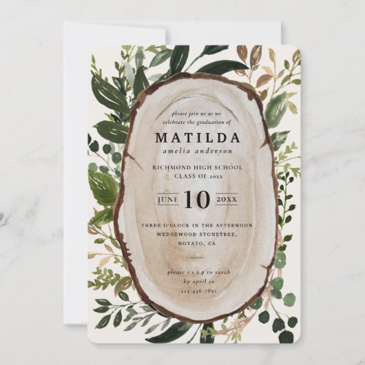 ウッドスライス素朴卒業パーティー招待状 セーブザデート (正面)