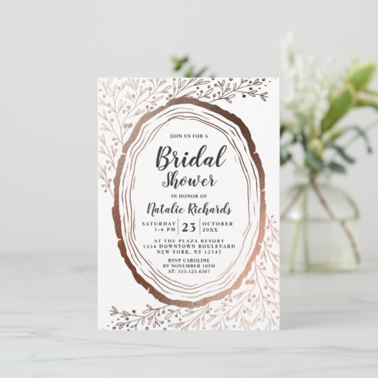 ウッドスライス素朴銅箔の秋のブライダルシャワー 招待状 (スタンド正面)