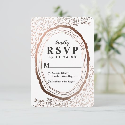 ウッドスライス素朴銅箔秋ウェディングRSVP 出欠カード (スタンド正面)