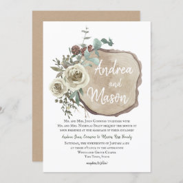 ウッドスライス自然バラとユーカリ結婚ス 招待状