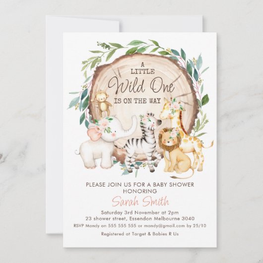 ウッドスライス フローラル フォリア サファリ ベビーシャワー 招待状 (正面)