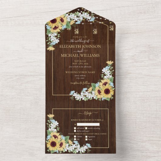 ウッドス素朴ンフラワーダスティブルーフローラ結婚ズ オールインワン招待状 (内側)