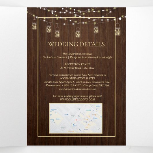 ウッドス素朴ンフラワーダスティブルーフローラ結婚ズ 三つ折り招待状 (内部中)