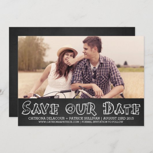 ウッドタイポグラフィ救写真日付のお知らせ 招待状 (正面/裏面)