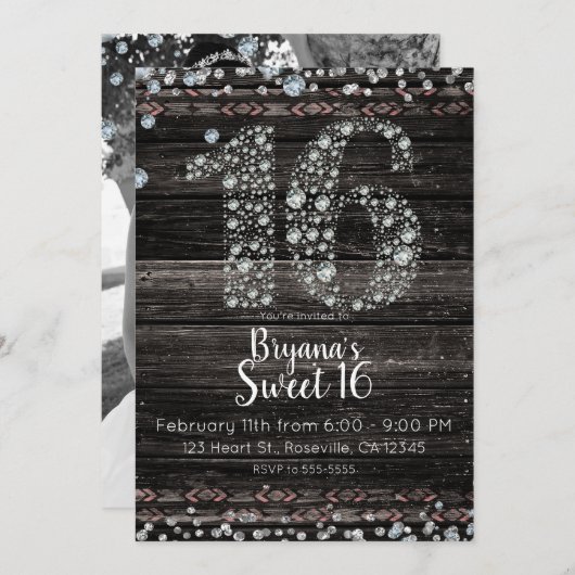 ウッドダイヤきらきら光るモンド16歳16歳の誕生日パーティー写真 招待状 (正面/裏面)