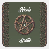 ウッドツイグ星形五角形オリーブグリーンウィッカ信者結婚ズ スクエアシール (正面)