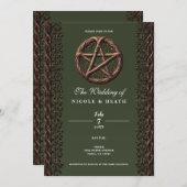 ウッドツイグ星形五角形オリーブグリーンウィッカ信者結婚ズ 招待状 (正面/裏面)