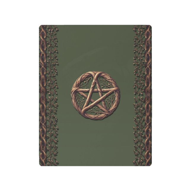 ウッドツイグ星形五角形オリーブグリーンウィッカ信者 メタルプリント (正面)