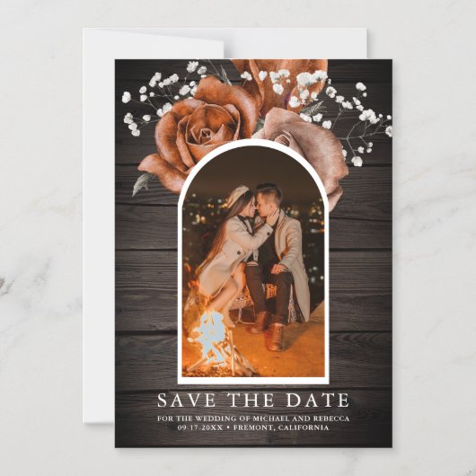 ウッドテラコッタ結婚の写真デートを保存 マグネット招待状 (正面)