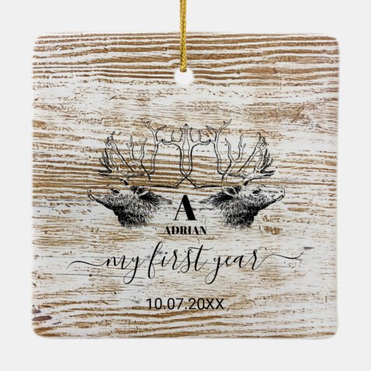 ウッドディアーベビーの初年度フォトコラージュ セラミックオーナメント (裏面)