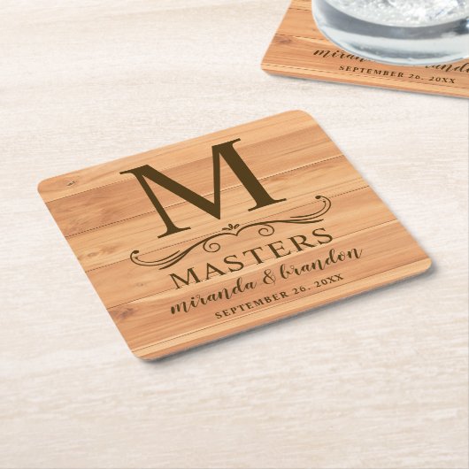 ウッドデコ素朴ーイニシャルパーソナライズされた スクエアペーパーコースター (アングル)