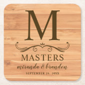 ウッドデコ素朴ーイニシャルパーソナライズされた スクエアペーパーコースター (正面)