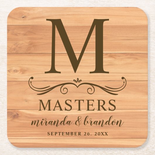 ウッドデコ素朴ーイニシャルパーソナライズされた スクエアペーパーコースター (正面)