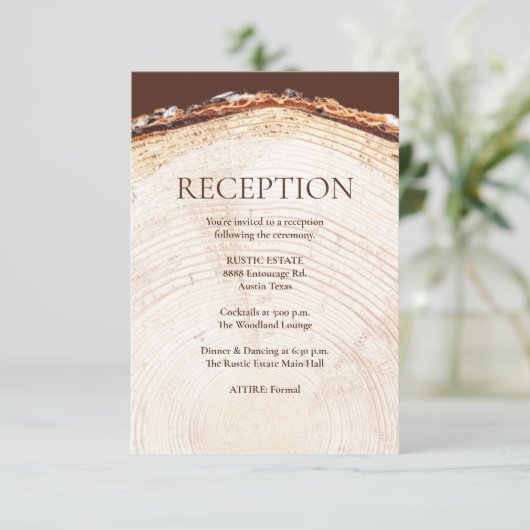 ウッドデザインツリーリング素朴ウェディングレセプション エンクロージャーカード (スタンド正面)