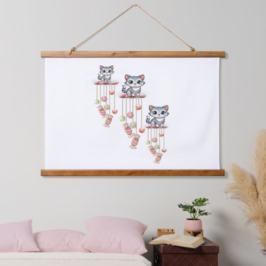 ウッドトップウォールタペストリーキャットキットン 吊り下げ型タペストリー (寝室)
