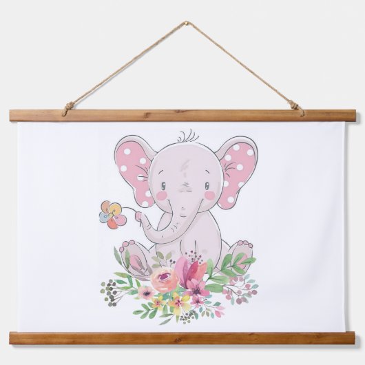 ウッドトップウォールタペストリーピンク象フローラ 吊り下げ型タペストリー (正面)