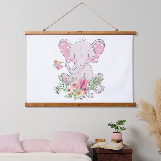 ウッドトップウォールタペストリーピンク象フローラ 吊り下げ型タペストリー (寝室)